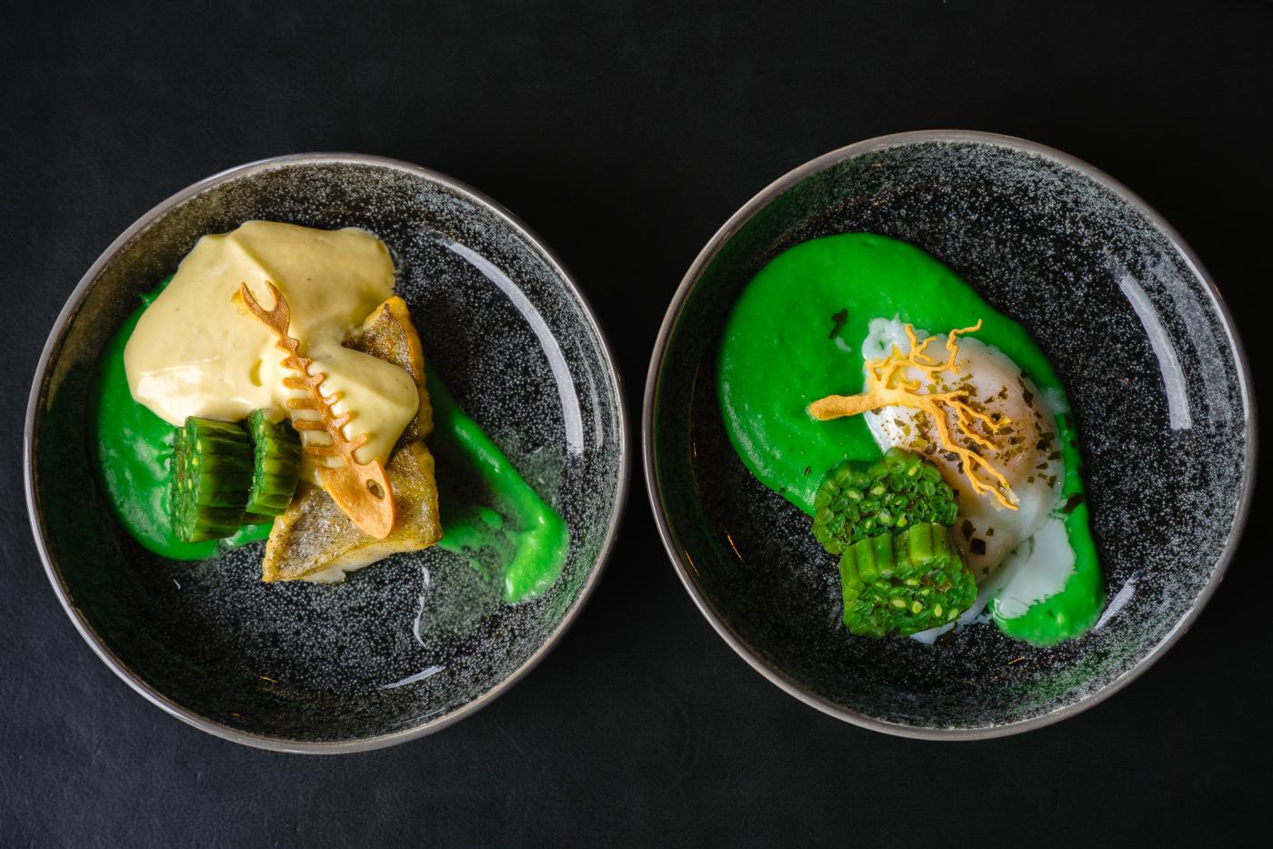 Steenbolk met groene asperge, sperzieboon en beurre blanc met Oostendse baron, krokantje van duindoorn
