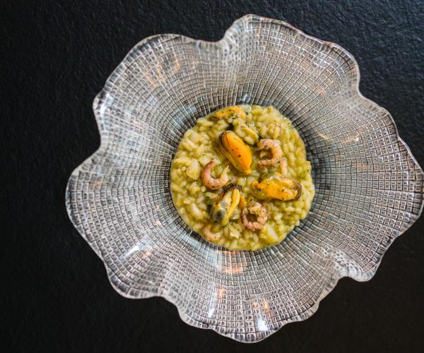    	 Risotto Carnaroli Acquerello met mossels en grijze garnalen.