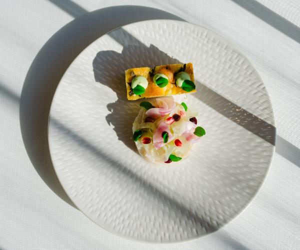Tartaar van schelvis - Slaatje van venkel, citrus, granaatappel en basilicum - Focaccia