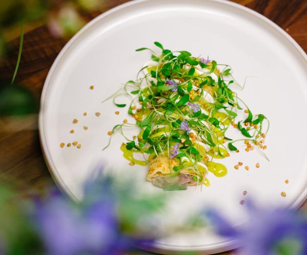 Boekweitpannenkoek met tartaar van makreel, groene kruiden, yoghurt en limoen