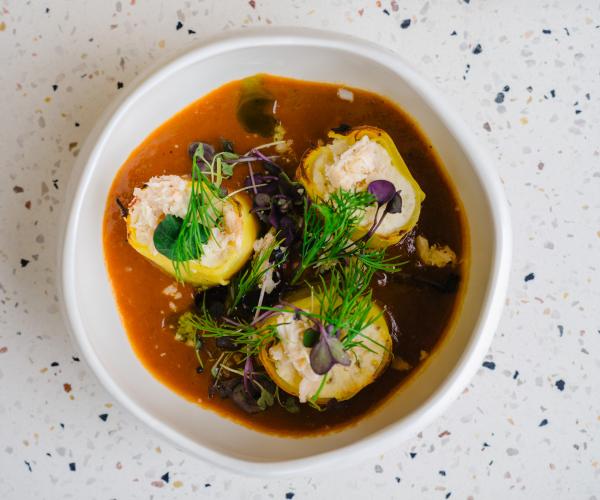 Cannelloni met Noordzeekrab en pladijs, jus van grijze garnalen
